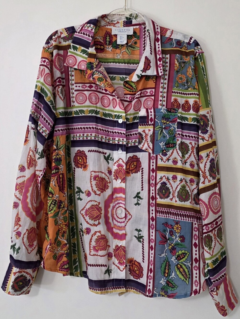 Calypso St. Barth Bright Floral Patchwork Button Up Blouse Boho Whimsical Large